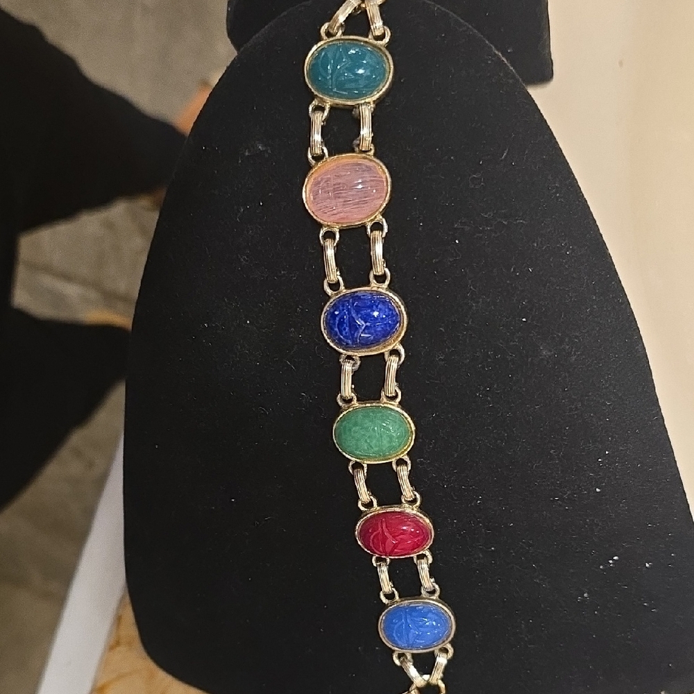 Carved Multi Color Glass Or Better Scarab Bracelet